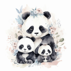 Cute watercolor panda family, Illustration AI Generative.