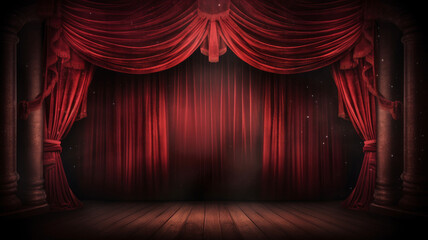 Fototapeta premium Theatre stage with red curtains. Illustration AI Generative.