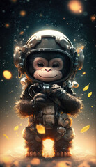 A cute baby chimpanzee astronaut in space with floral and space background. Generative AI technology.