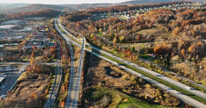 Afternoon aerial, drone, video of NY Route 17 just west of the diverging diamond interchange