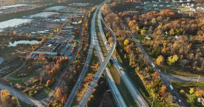 Afternoon aerial, drone, video of NY Route 17 just west of the diverging diamond