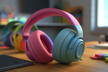 Naklejka na ściany i meble A pink and blue headphones on a wooden table with a laptop on the table.