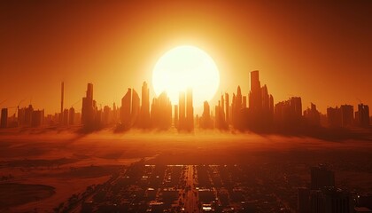 Heatwave on the city with the glowing sun. Global warming illustration. Concept of Heated Cities. Generative AI