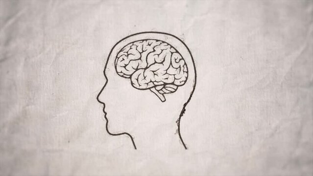 Vintage Ink Drawing Of Human Brain/ 4k animation of a motion graphics with with human head profile and brain shapes ink painting on vintage old torn paper background