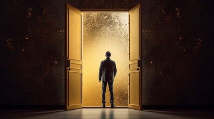 Fototapeta premium man entering Opening door with golden house on fuzzy interior background Generated AI