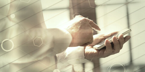 Businessman using mobile phone, light effect, double exposure with network, geometric pattern