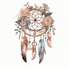 Boho dream catcher with fantasy beads and leaves, pink blush and neutral colors, watercolor illustration - generative ai
