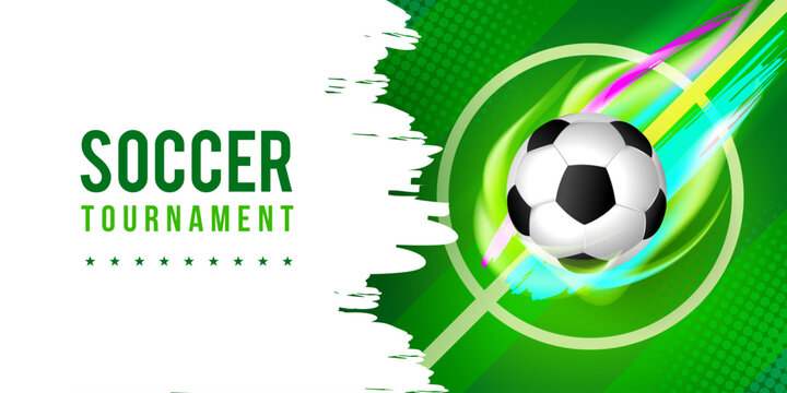 Soccer tournament banner design vector illustration. Ball with light effects in football pitch background..