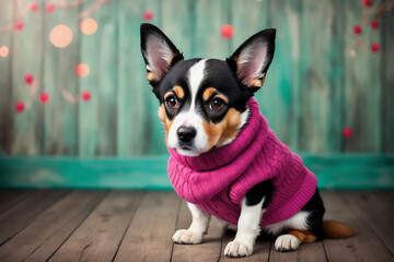 Portrait of a adorable dog, funny and cute face closeup, wear a warmer clothes, ready for christmas, isolated on beautiful bokeh background, created with generative ai