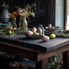 easter still life. Wooden rustic table with granite slab and eggs, olive branches and spring flowers