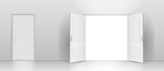 The interior of an empty room with a white wall and an open door.
 Free space for copying, 3d image.
