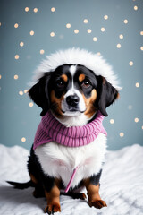 Portrait of a adorable dog, funny and cute face closeup, wear a warmer clothes, ready for christmas, isolated on beautiful bokeh background, created with generative ai