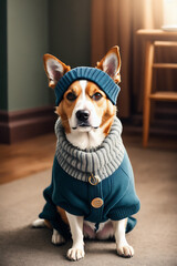 Portrait of a adorable dog, funny and cute face closeup, wear a warmer clothes, ready for christmas, isolated on beautiful bokeh background, created with generative ai