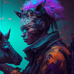 a day glo art colored cyberpunk android with animal mask created with Generative AI Technology