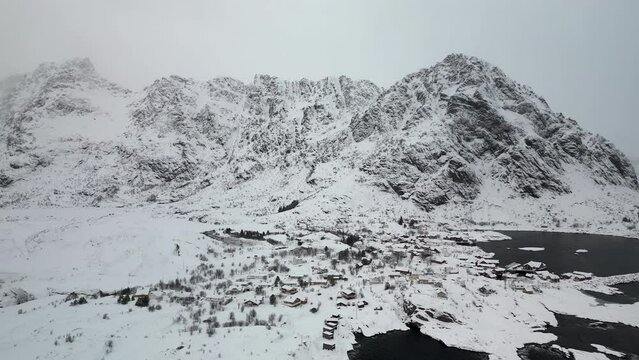 &Aring; i Lofoten in winter, Norway. Aerial drone panoramic view 