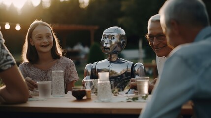 A girl, her family, and a humanoid robot enjoy having an outdoor picnic together. Artificial intelligence becomes sentient and conscious. Human and AI coexistence concept. Generative AI