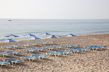 Sun Loungers on Beach, Villajoyosa, Alicante; Spain