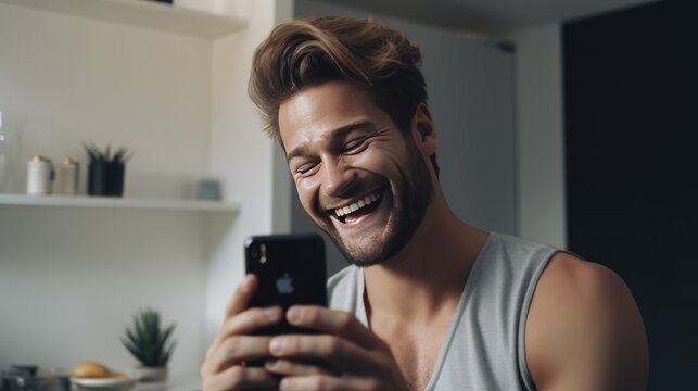 A happy handsome man smiling and laughing while using a smartphone in living room at home. Technology in everyday life. Generative AI