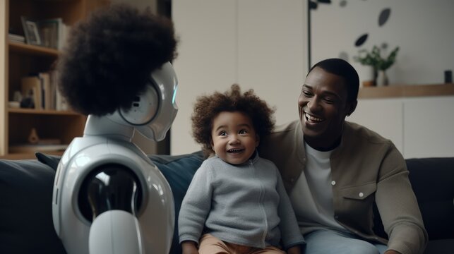 A baby girl, her dad, and a humanoid robot talk and smile happily at home. Artificial intelligence becomes sentient and conscious. Human and AI coexistence concept. Generative AI