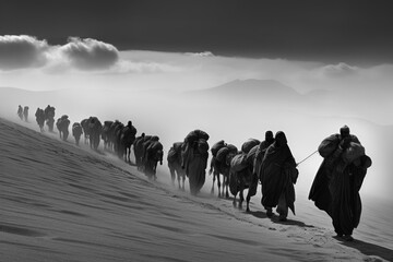 Global Migration Struggle: Endless Line of People Crossing Desert with Belongings, Generative AI