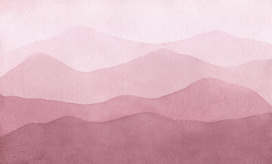 Watercolor, abstract, textile, pink lilac background with a landscape of mountains at dawn or sunset. Drawn by hand with a place for the text. For design and design.