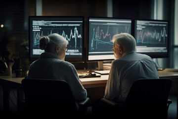 Old couple sitting behind computer screen displaying multiple financial reports and graphs. Generative AI