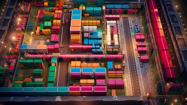 A Captivating Top-down Perspective Of A Container Truck Maneuvering Through A Complex Arrangement Of Shipping Containers.