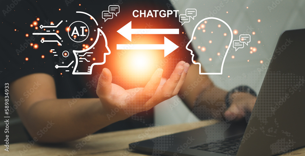 Poster ai machine learning technology. businessman using computer laptop connecting chatting ai virtual scr