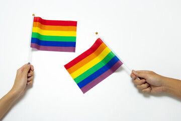 gay pride and lgbtq festival concept. pride flags in hands isolated on white background