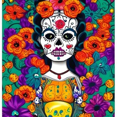 Day of the Dead and Halloween. Katrina Dia de los Muertos. Mexican tradition, festival. The woman is made up of a sugar skull. Calavera Katrina typographic poster, t-shirt style. Generative AI