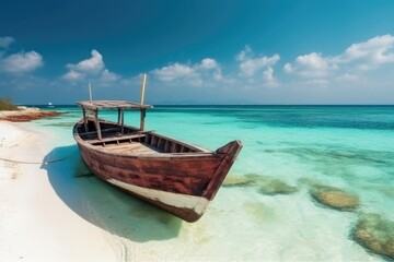 Naklejka na ściany i meble Fishing Boat on the Shore in Maldives