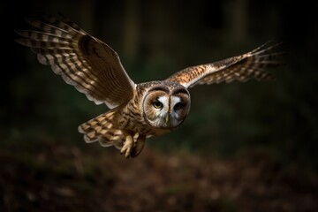 owl mid-flight, wings gracefully spread as it soars through the air