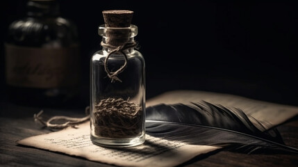 feather inside ink bottle. writing letter Generated AI
