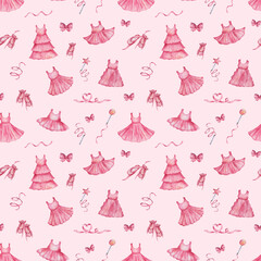 Watercolor seamless pattern. Hand painted illustration of pink dress, sleevless t-shirt, flared skirt, ballerina's toe shoes. Woman's clothes. Girl's wardrobe. Print on pink background for textile © Olga Sidelnikova