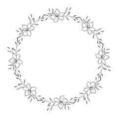 Wreath round frame with doodle flowers hand drawn, drawing contour floral. . Vector illustration