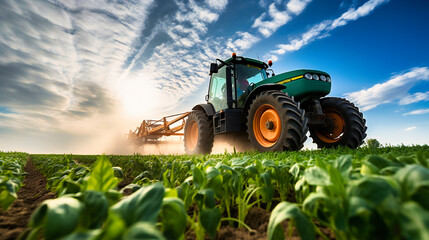 A low angle view capturing the speed and efficiency of a tractor spraying pesticides on a soybean field.