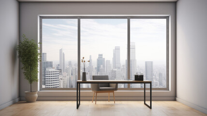 Interior of modern office with city view. Generative AI