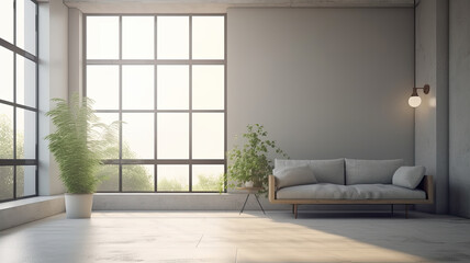 Interior of modern living room with gray walls, concrete floor, comfortable sofa and plant in pot. Generative AI