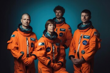 Group of astronauts in orange space suits exploring the unknown, discovering new frontiers, group photo, AI generative - obrazy, fototapety, plakaty