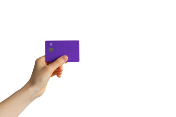female hand holds a mastercard credit card on a white background. online shopping and card payment. 