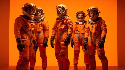 Group of astronauts in orange space suits exploring the unknown, discovering new frontiers, group photo, AI generative