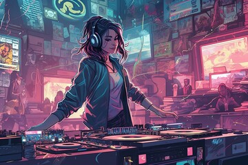 Obraz na płótnie Canvas Illustration of A DJ woman playing music at a nightclub is a dynamic and energetic image that captures the vibrant and lively atmosphere of nightlife. Generative AI