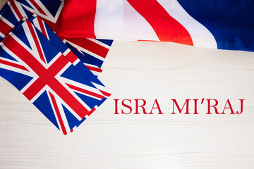 Isra Mi'Raj. British holidays concept. Holiday in United Kingdom. Great Britain flag background. - obrazy, fototapety, plakaty