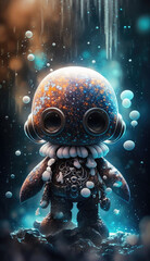 A cute baby octopus astronaut in space with floral and space background. Generative AI technology.