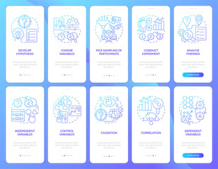 Causal research blue gradient onboarding mobile app screens set. Business. Walkthrough 5 steps graphic instructions with linear concepts. UI, UX, GUI template. Myriad Pro-Bold, Regular fonts used
