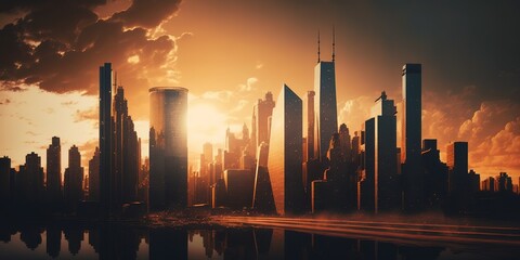 Obraz na płótnie Canvas Panorama of a city's skyline and buildings at sunset. Generative AI