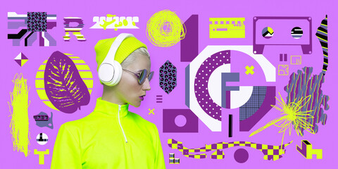 Contemporary digital collage art. Modern anti-design. Chaos abstraction, geometry and fashion dj girl