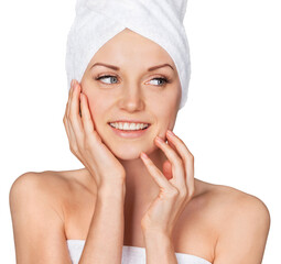 Portrait of beautiful young woman  in white towel on head on white background