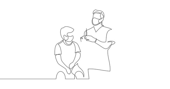 Animation of an image drawn with a continuous line. A doctor with a syringe prepares to vaccinate a boy. The scene in the hospital.