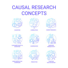 Causal research blue gradient concept icons set. Study market for business development idea thin line color illustrations. Isolated symbols. Roboto-Medium, Myriad Pro-Bold fonts used